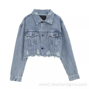 Distressed Rhinestone Rpiied Denim Women Jackets